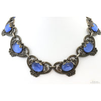 Margot de Taxco #5213 Hearts Sterling Silver Necklace & Earring Set with Sapphire-Blue Glass Cabochons
