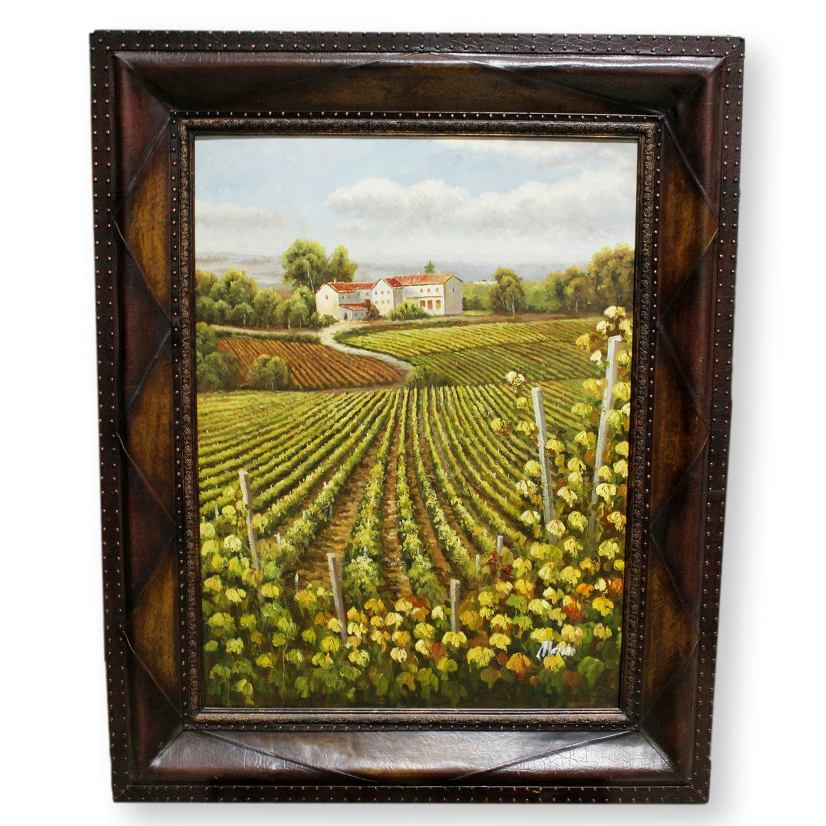 Framed Original Oil -  Large Italian Vineyard w/Leather Frame