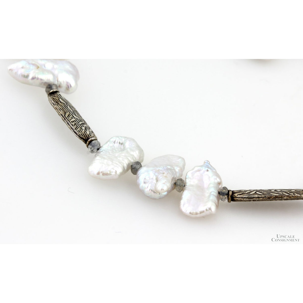 Lake Biwa Japan Pearls, Labradorite, Embossed Sterling Necklace