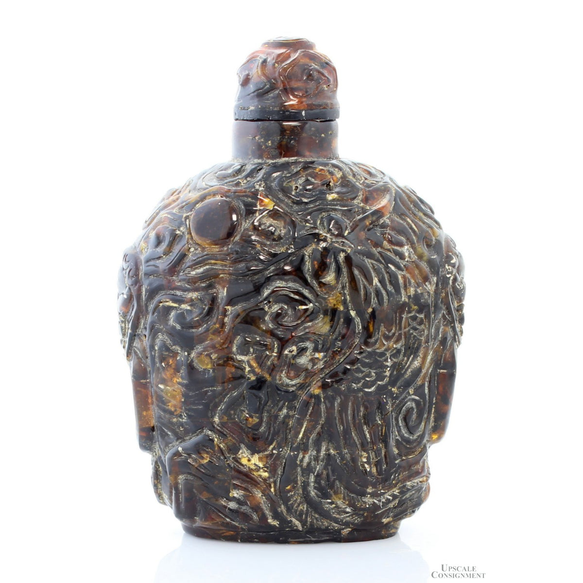 Chinese Hand-Carved Natural Amber Snuff Bottle | High Relief Phoenix & Shou Symbol