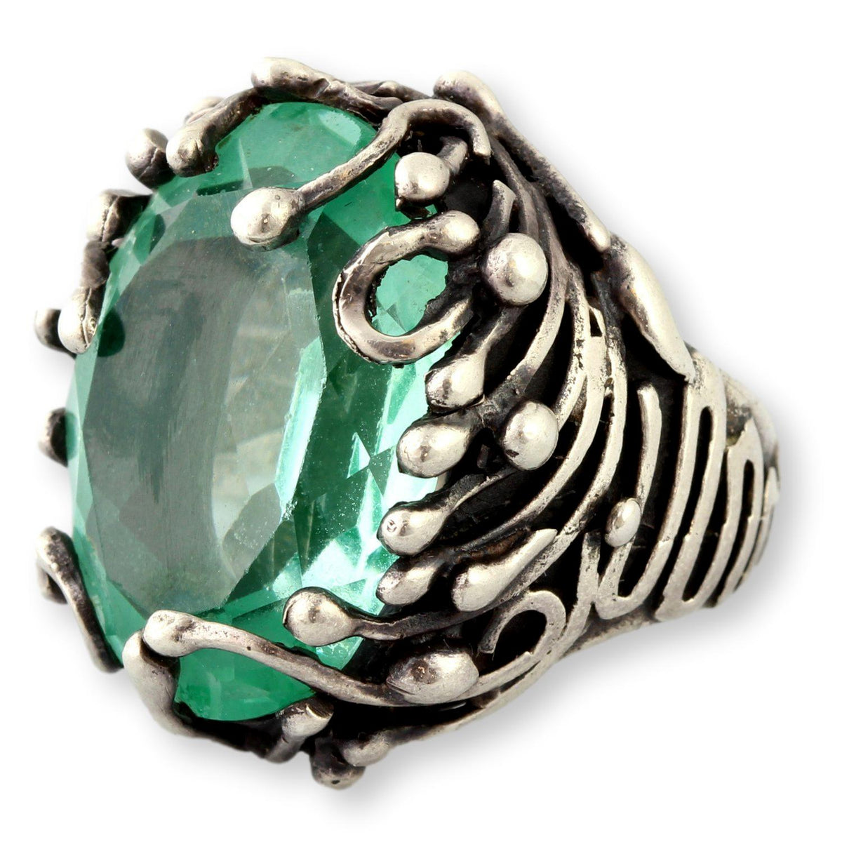 Mint Green Uranium Glass Ring – Faceted UV-Reactive Stone in Sculptural Sterling Silver