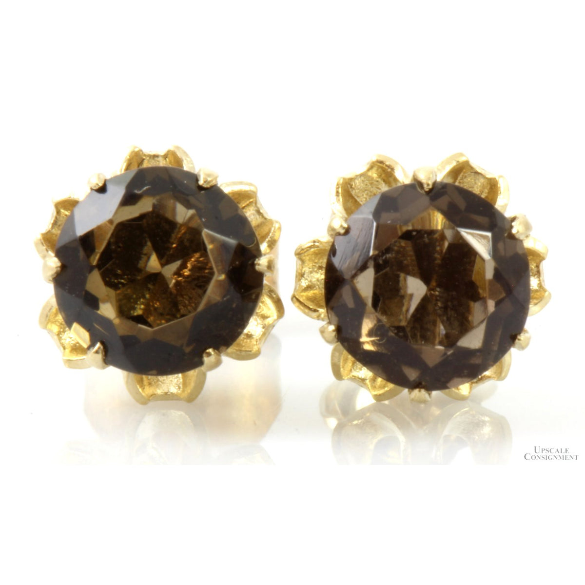 14K Yellow Gold Round Smoky Quartz Stud Earrings