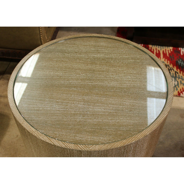 Whitewash Oak Cylinder End Table w/Glass Top