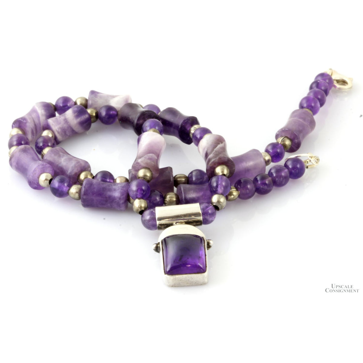 Chevron Amethyst & Sterling Silver Bead Pendant Necklace