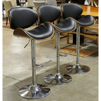 Set/3 Chrome & Black Leather Adjustable Height Bar Stools