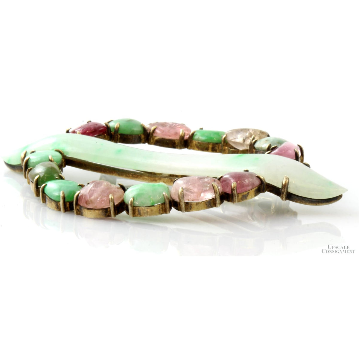 Grade A Jadeite Jade Semi-Precious Gemstone Antique Vermeil Brooch