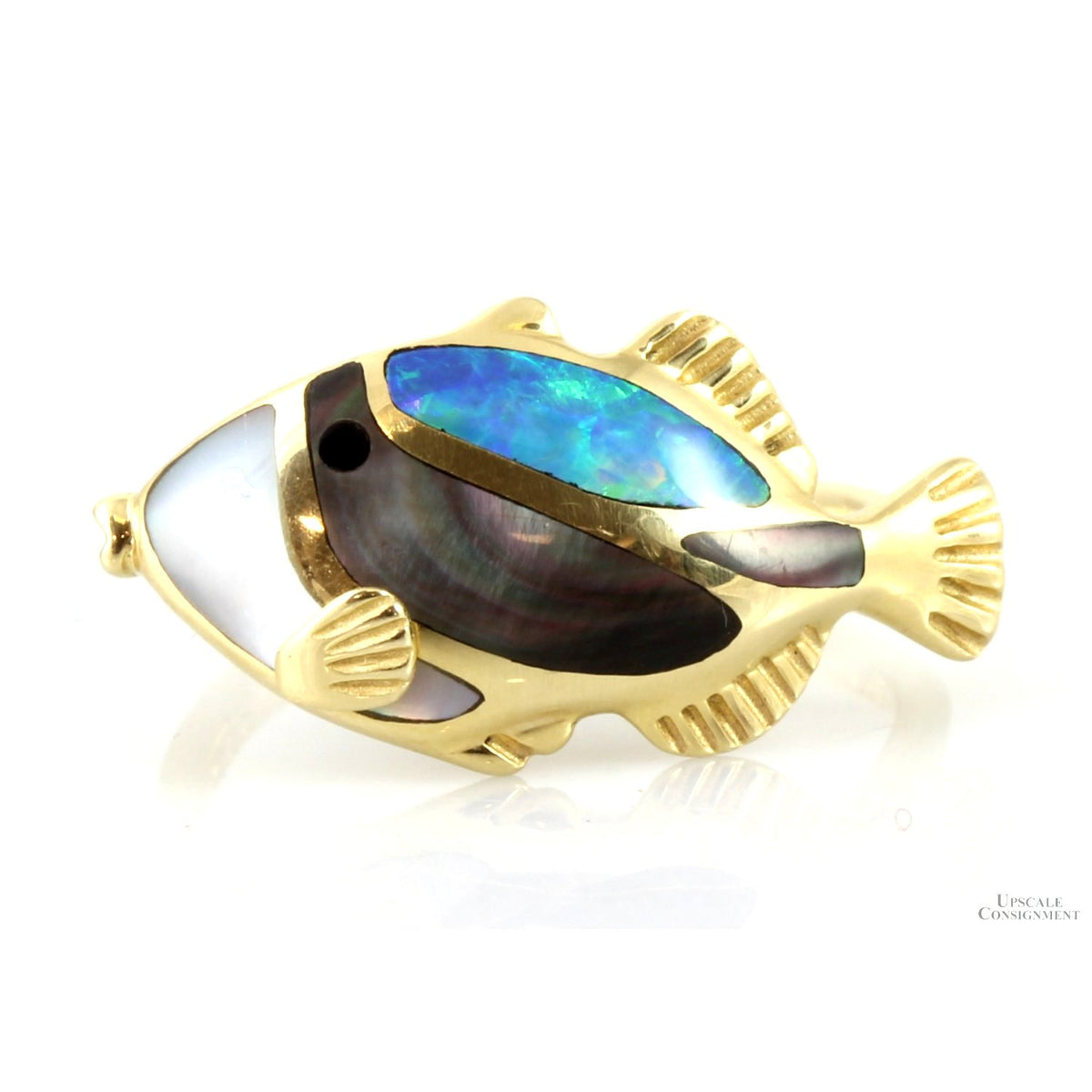 14K Gold Opal, Onyx, Shell Inlay Hawaiian Humuhumu Fish Ring