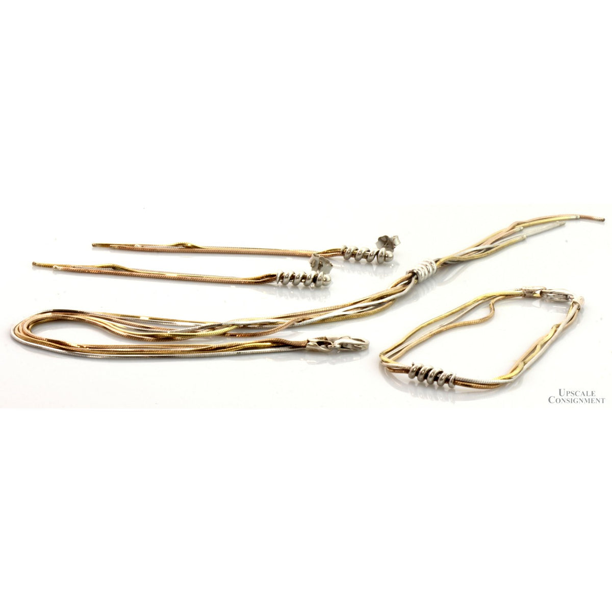 Italian Tri-Color 14K Gold Vermeil & 925 Sterling Silver Necklace, Bracelet & Earrings Set