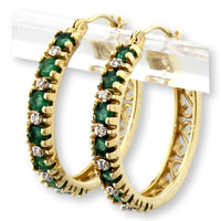 Natural Emerald & Diamond Hoop Earrings in 14K Gold