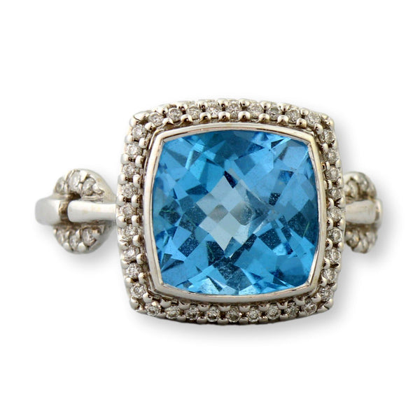 Swiss Blue Topaz & Diamond Halo Ring in 14K White Gold