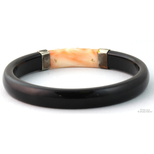 Black Onyx Bangle with Carved Angel Skin Coral Rose Panel
