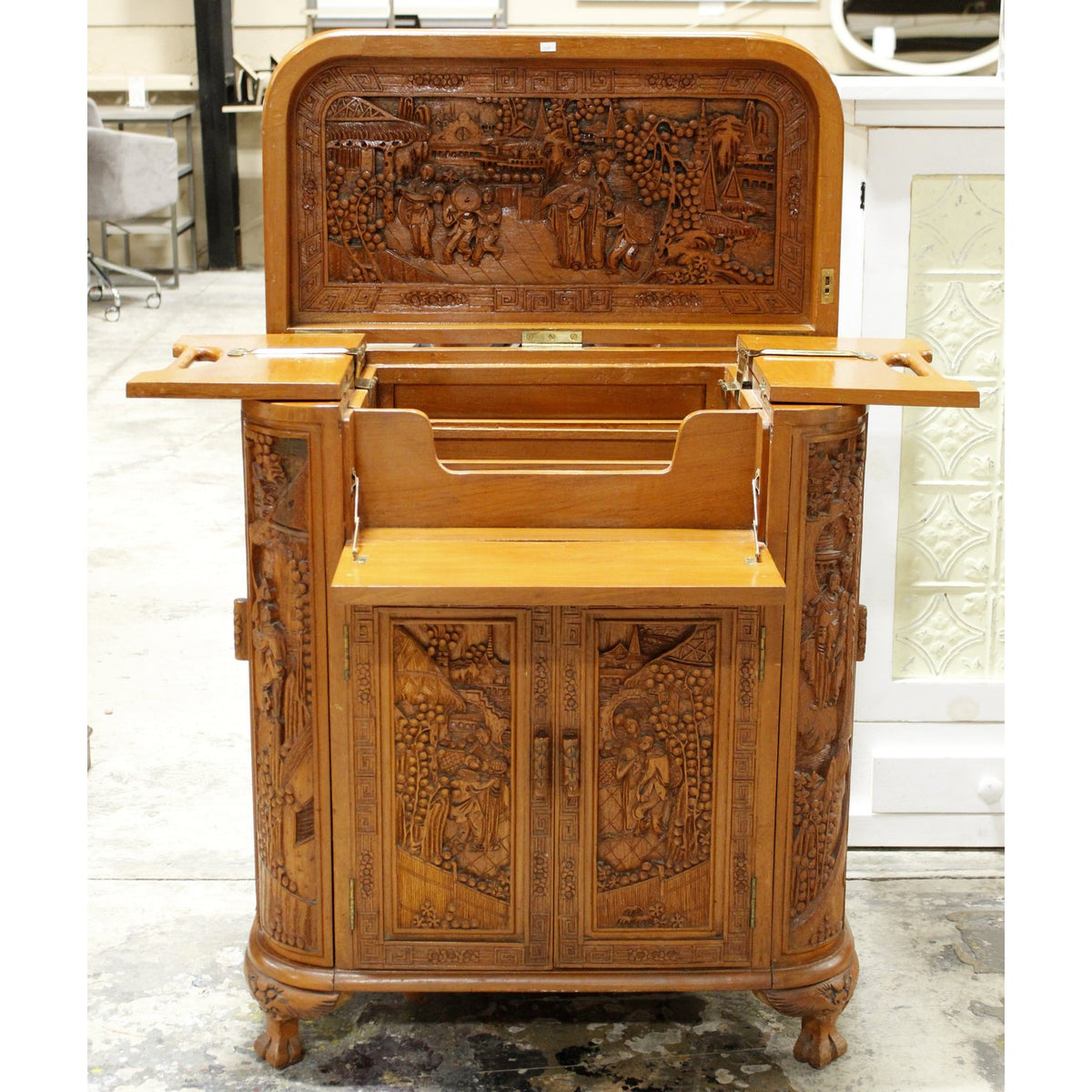 Asian Style Ornately Carved Bar Cabinet w/Elevator Lift
