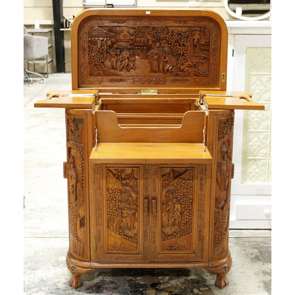 Asian Style Ornately Carved Bar Cabinet w/Elevator Lift