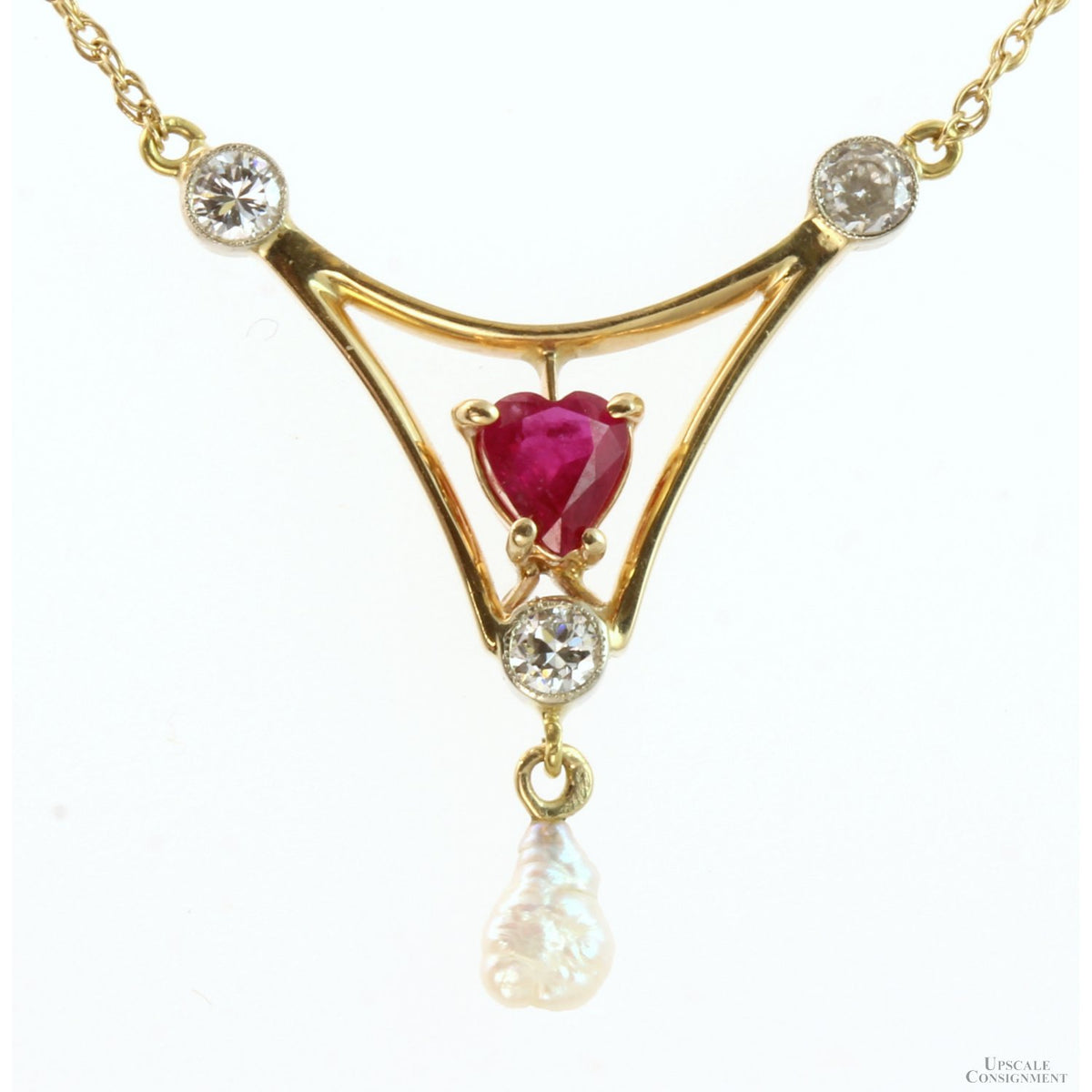 Created Ruby Early European Diamond Pearl 14K Art Nouveau / Early Edwardian Necklace