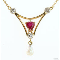 Created Ruby Early European Diamond Pearl 14K Art Nouveau / Early Edwardian Necklace