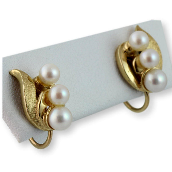 Three-Pearl Mid-Century Screwback Earrings 14K Two-Tone Finish Gold