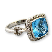 Swiss Blue Topaz & Diamond Halo Ring in 14K White Gold