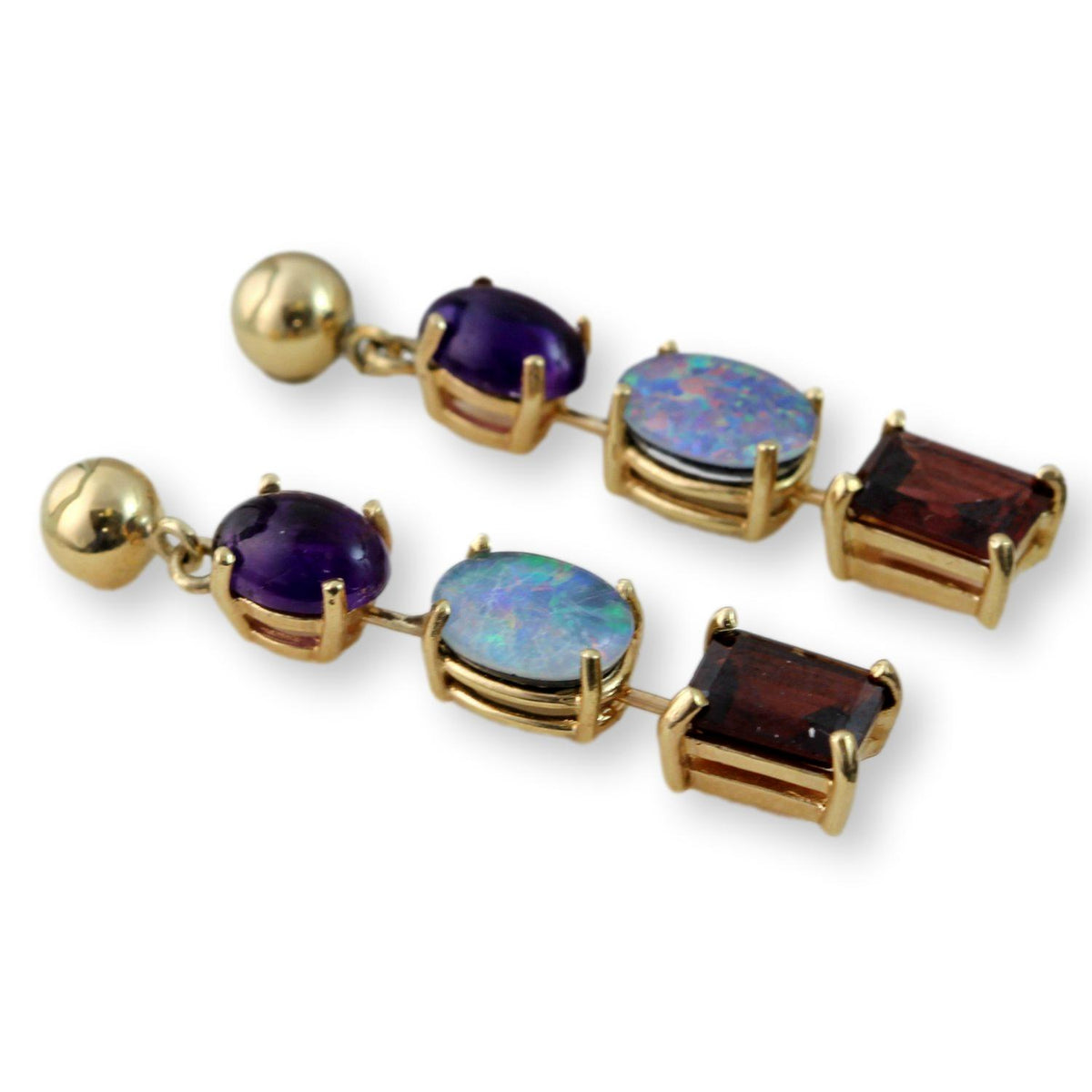 6.02ctw Garnet, Opal Triplet & Amethyst 14K Gold Earrings