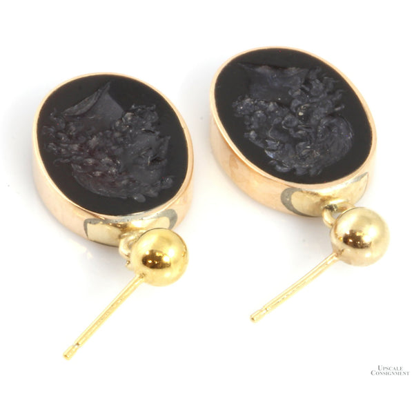 Vintage Carved Chalcedony Black Onyx Intaglio Gold Vermeil Earrings