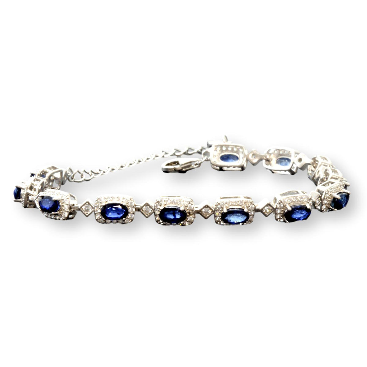 Sterling Silver Natural Sapphire & Colorless Stone Link Bracelet