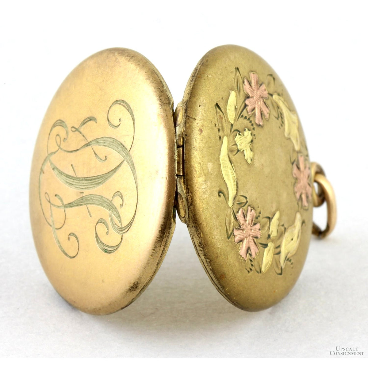 Gold-Tone Locket - Tri-Color Floral Motif & Script Monogram