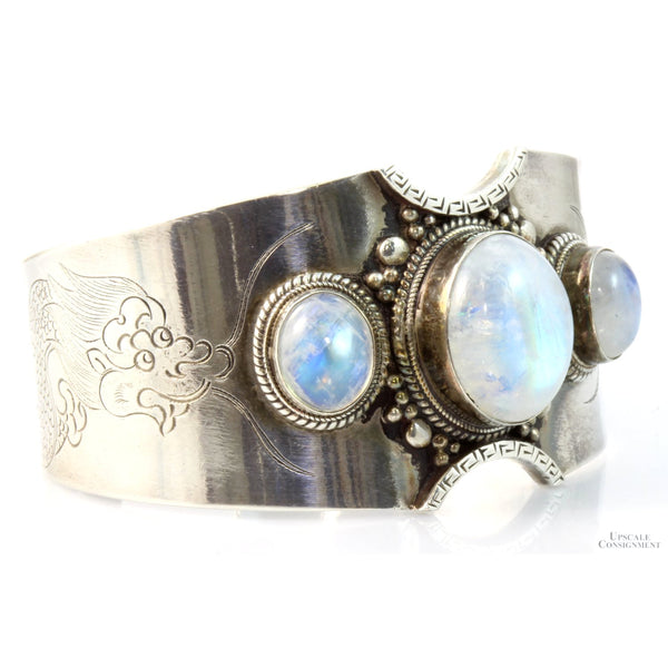 Sterling Silver 3-Stone Rainbow Moonstone Etched Dragon Cuff