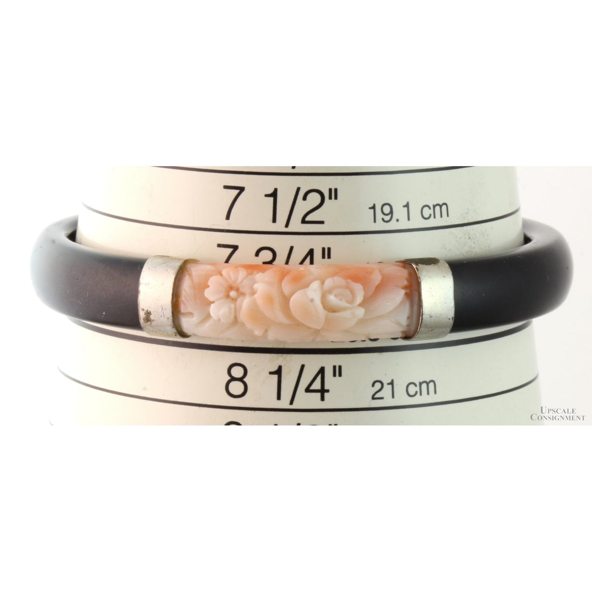 Black Onyx Bangle with Carved Angel Skin Coral Rose Panel