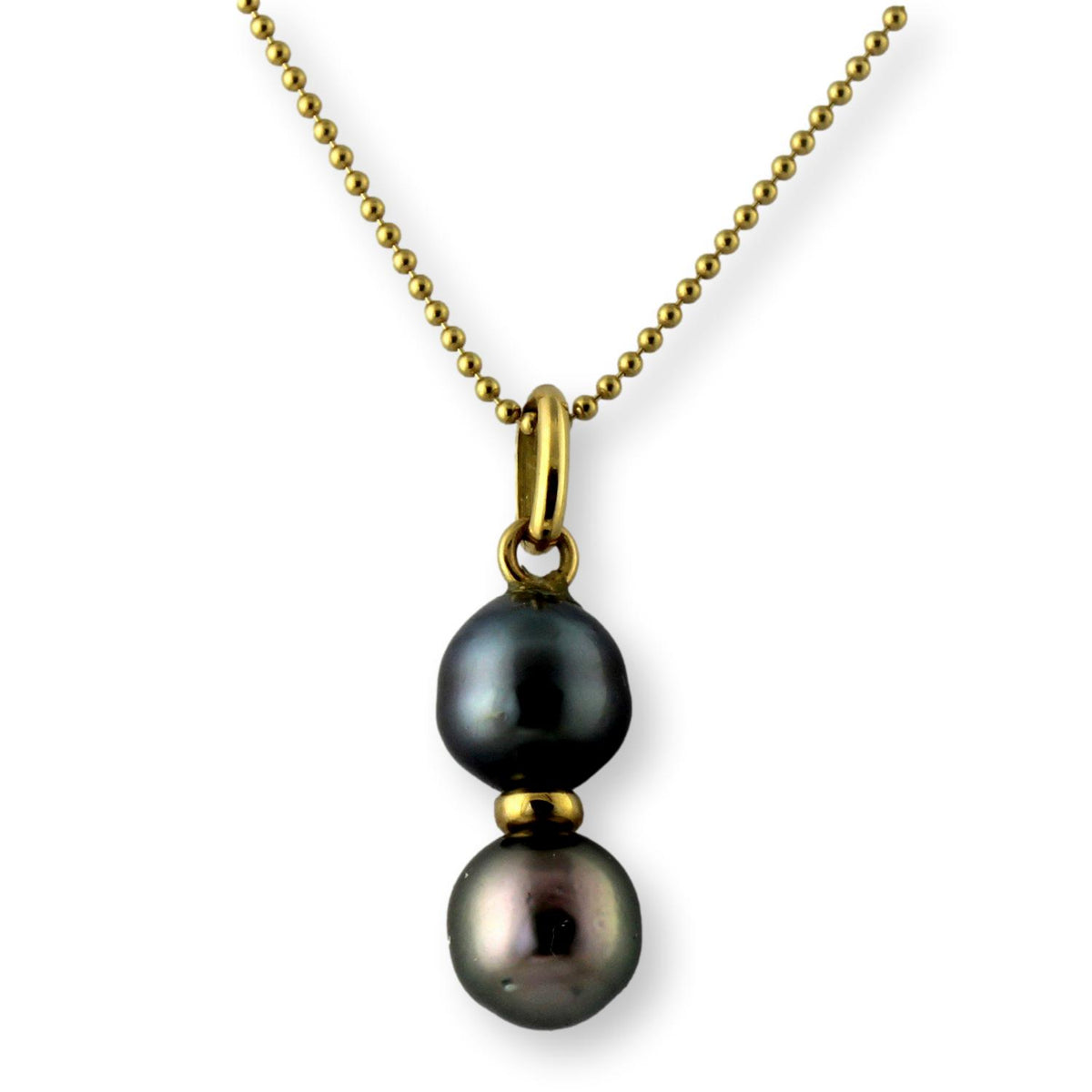 18K Gold Pendant & Chain Dark Gray Pearls - Peacock Overtones