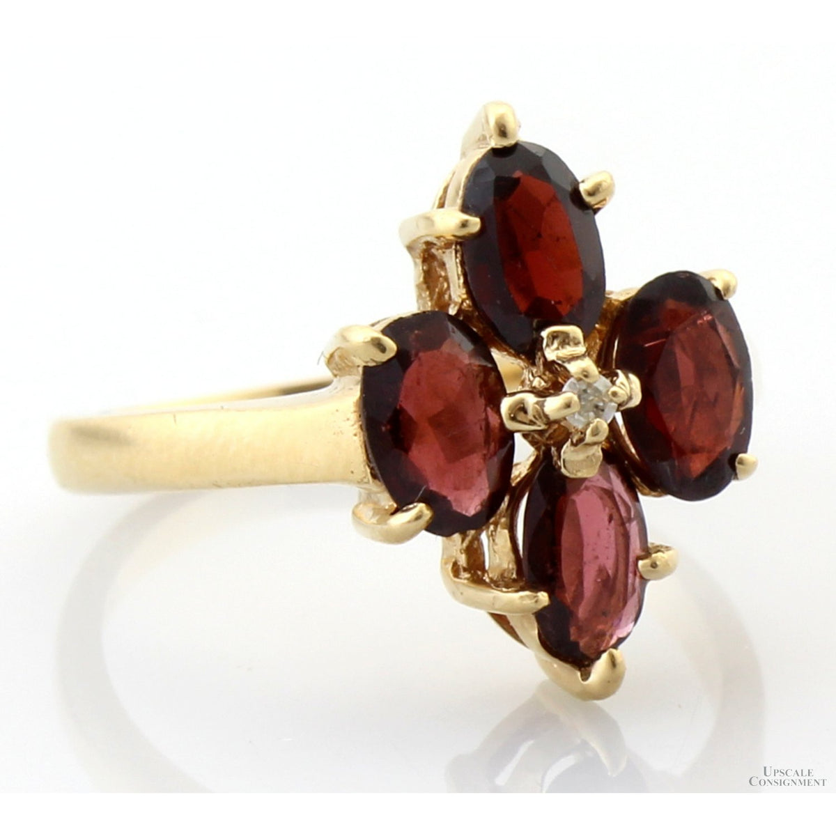 Vintage 14K Gold Purplish-Red Garnet & Diamond Floral Ring