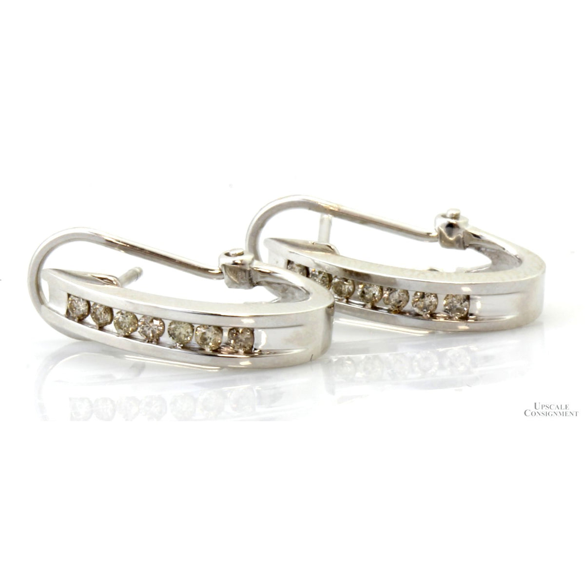 14K White Gold Pale Yellow Diamond J-Hoop Earrings with Omega Backs