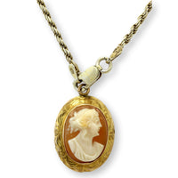 Vintage 14K Gold Shell Cameo Pendant Classical Lady Profile Mid-Century