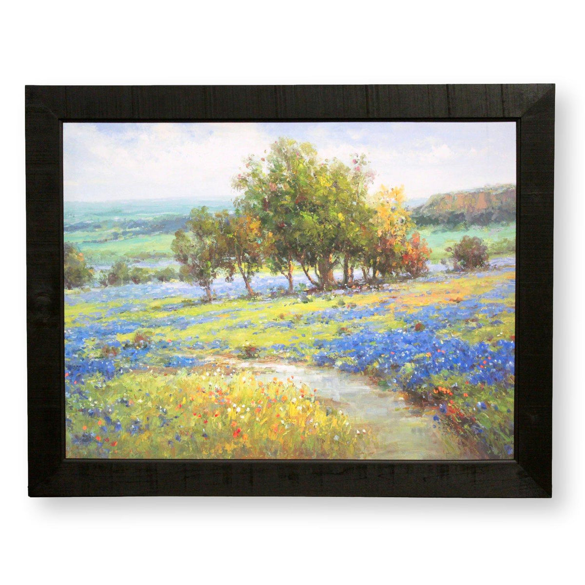 Framed Original Oil Blue Flower Field with Trees