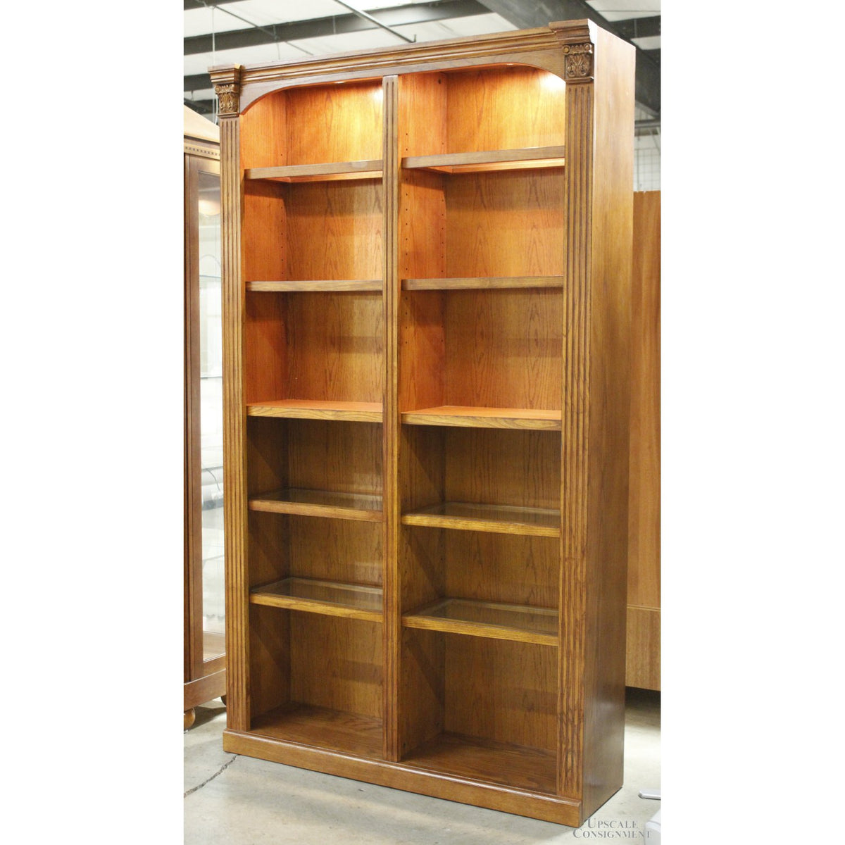 Lighted Oak Double Bookcase w/Glass Shelves
