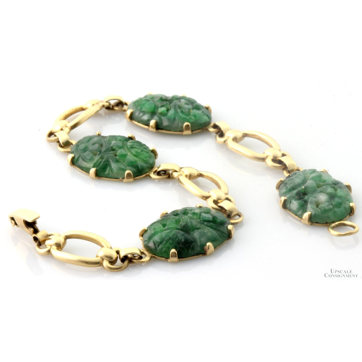 Carved Green Jadeite Jade 14K Gold Link Bracelet | Mid-Century