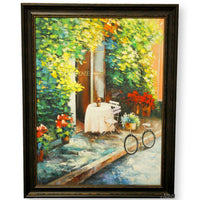 Framed Original Painting Cafe w/Florals & Bicycle