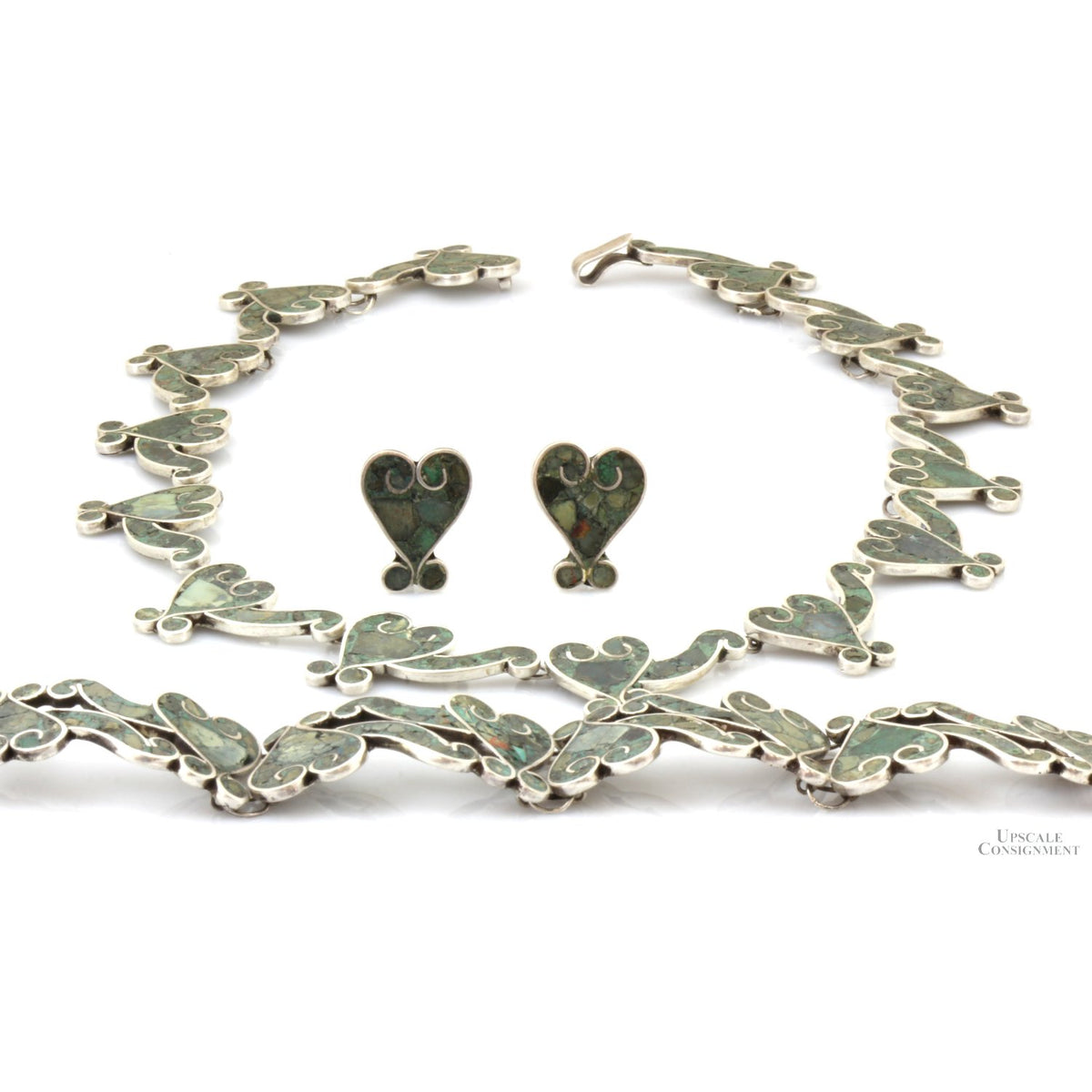 Early 1940s Sterling Silver Inlaid Turquoise Mosaic Set by Beto