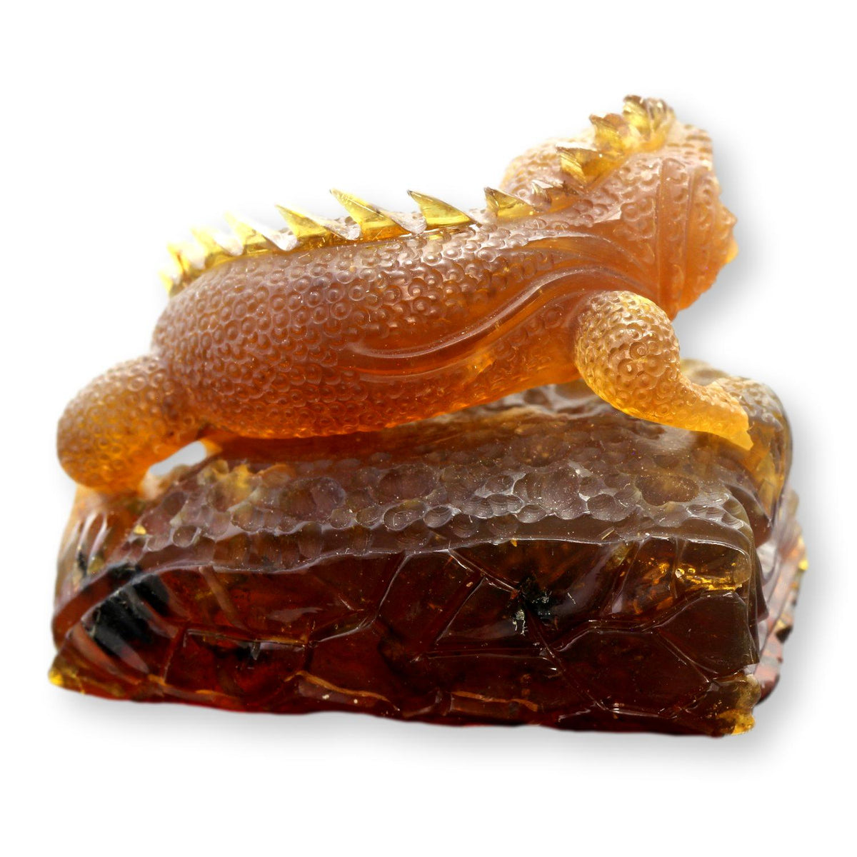 Hand-Carved Amber Lizard Sculpture with Wood Pedestal