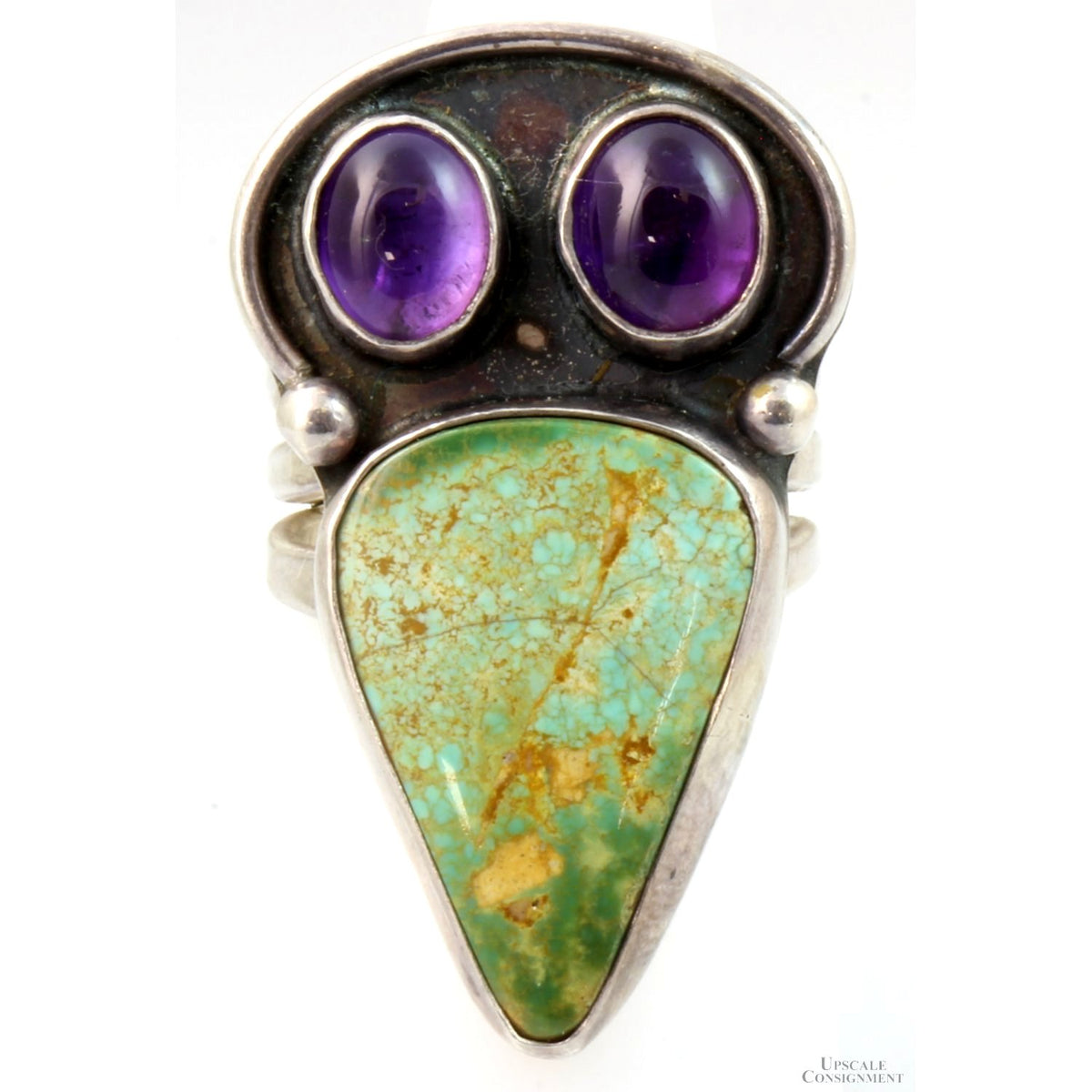 Greenish Turquoise & Amethyst Sterling Silver Raven Ring
