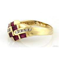 Natural Ruby Gemstones & Diamond Ring in 14K Yellow Gold