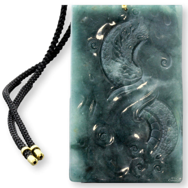 High-Relief Guatemalan Grade A Jadeite Jade Dragon Pendant & Cord