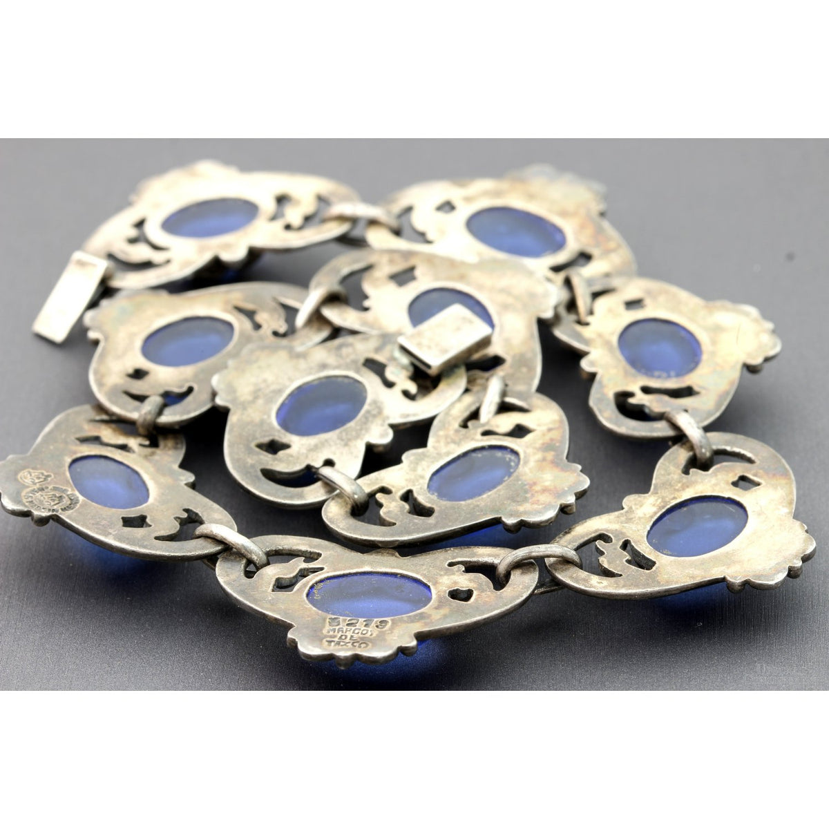 Margot de Taxco #5213 Hearts Sterling Silver Necklace & Earring Set with Sapphire-Blue Glass Cabochons