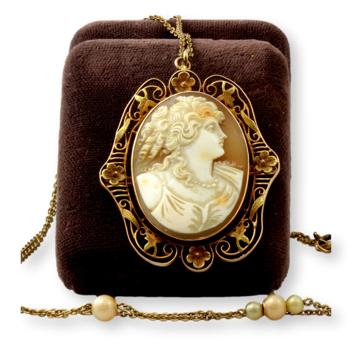 Victorian Carved Shell Cameo Pendant & Faux Pearl Gold Tone Chain