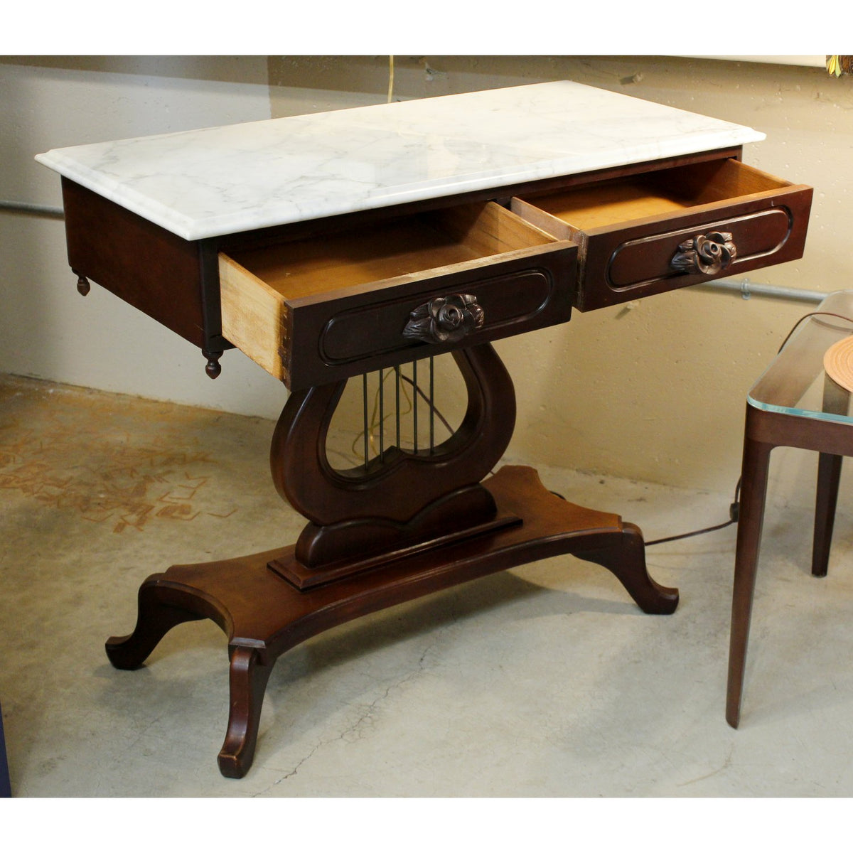 Vintage Harp Table w/White Marble Top