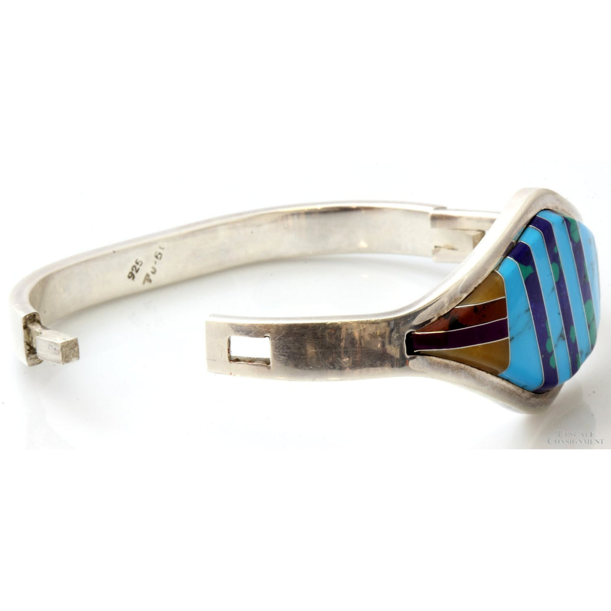 Sterling Silver Multi-Stone Channel Inlay Hinged TAXCO Bangle