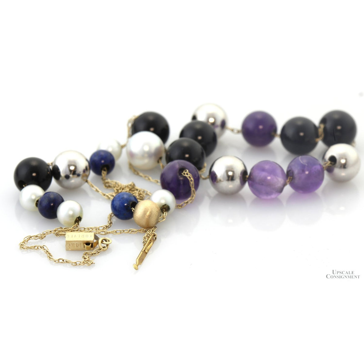 Vintage Gemstone & Pearl Necklace | 14K Gold 18" Chain | Amethyst Lapis Onyx