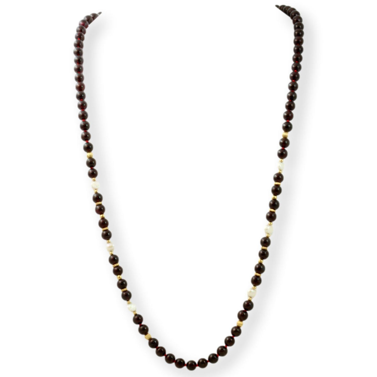 Handknotted Garnet, Pearl,14K Yellow Gold Bead Necklace