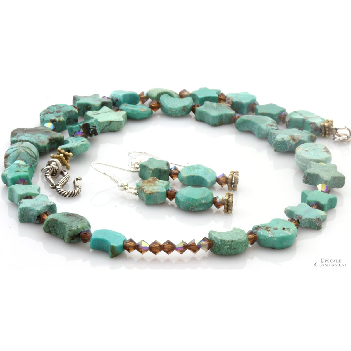 Vintage Turquoise Celestial Moon & Star Necklace & Earrings Set | Sterling Silver