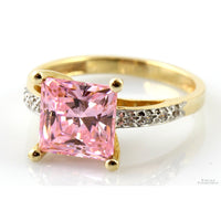 Square Pink Cubic Zirconia Solitaire 14K Yellow Gold Ring