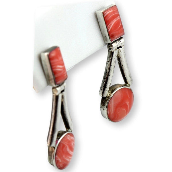 Mid-Century Pink Angel Skin Coral & Fine Silver Drop Earrings