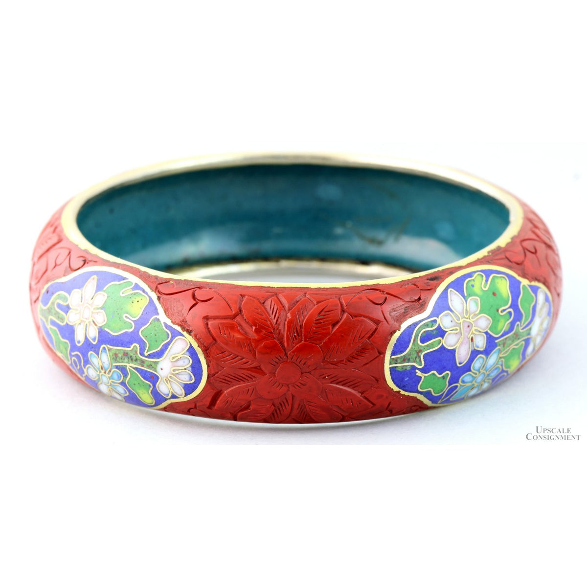 Carved Cinnabar Lacquer Bangle Cloisonné Panels - 66.7 mm